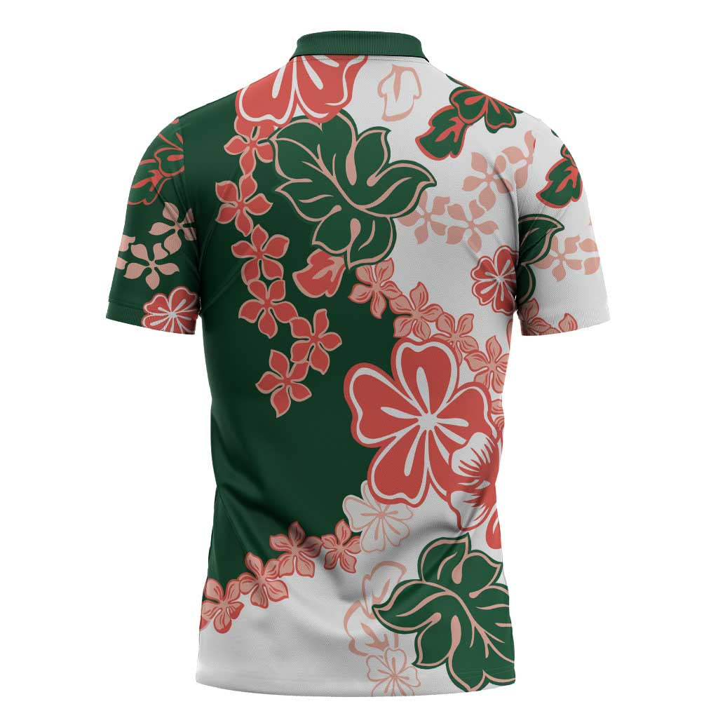 Green Orange Hibiscus Plumeria Floral Zipper Polo Shirt - Polynesian Pride