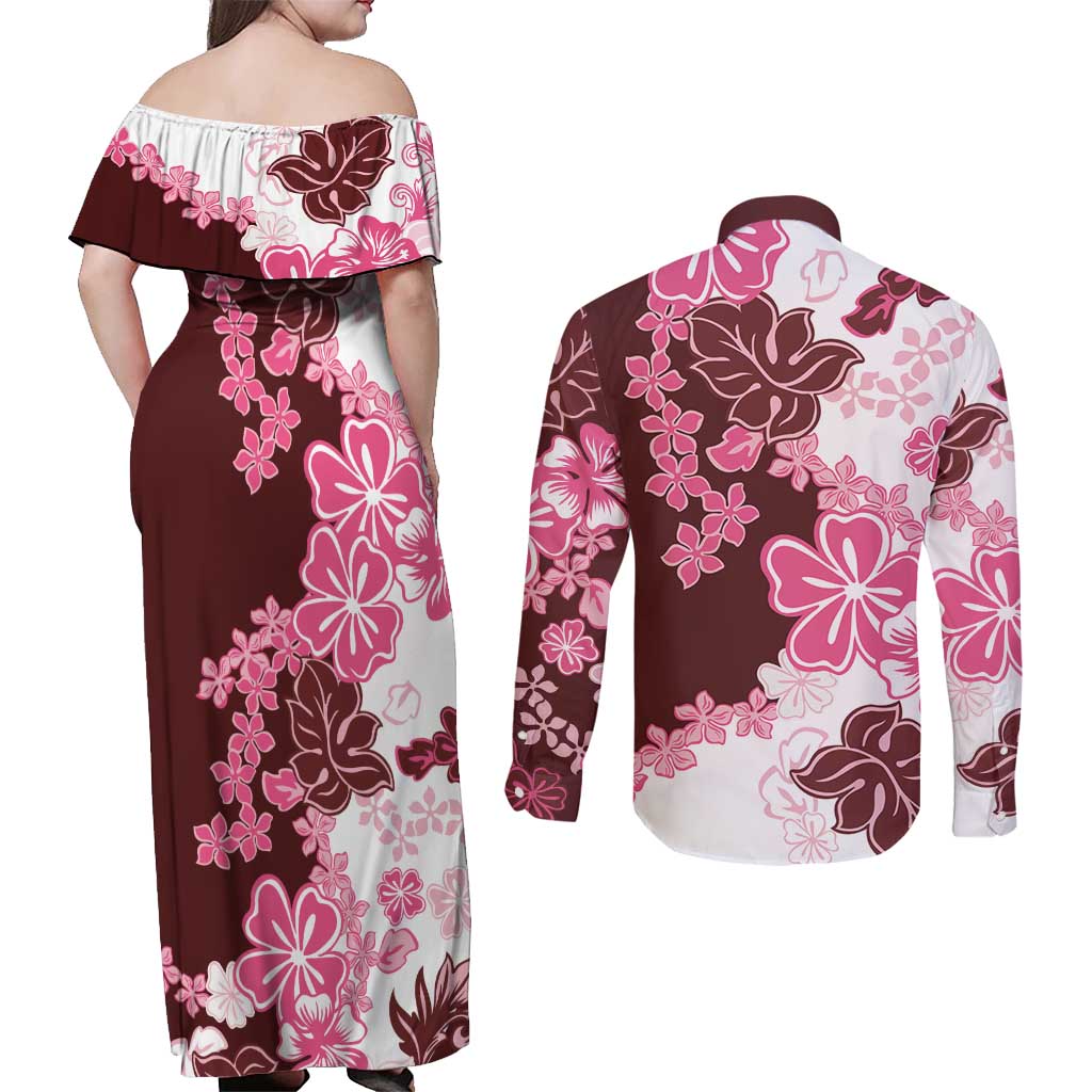 Pink Hibiscus Plumeria Floral Couples Matching Off Shoulder Maxi Dress and Long Sleeve Button Shirt - Polynesian Pride
