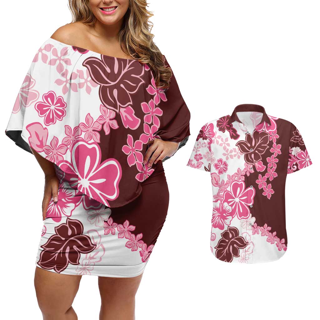 Pink Hibiscus Plumeria Floral Couples Matching Off Shoulder Short Dress and Hawaiian Shirt - Polynesian Pride