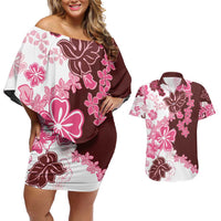 Pink Hibiscus Plumeria Floral Couples Matching Off Shoulder Short Dress and Hawaiian Shirt - Polynesian Pride