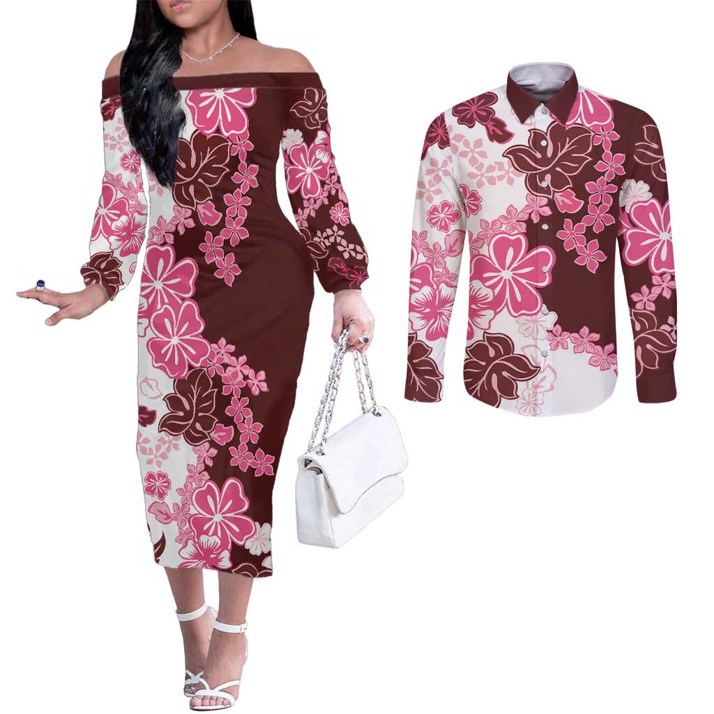 Pink Hibiscus Plumeria Floral Couples Matching Off The Shoulder Long Sleeve Dress and Long Sleeve Button Shirt LT01 Pink - Polynesian Pride