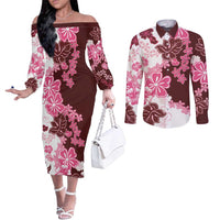 Pink Hibiscus Plumeria Floral Couples Matching Off The Shoulder Long Sleeve Dress and Long Sleeve Button Shirt LT01 Pink - Polynesian Pride