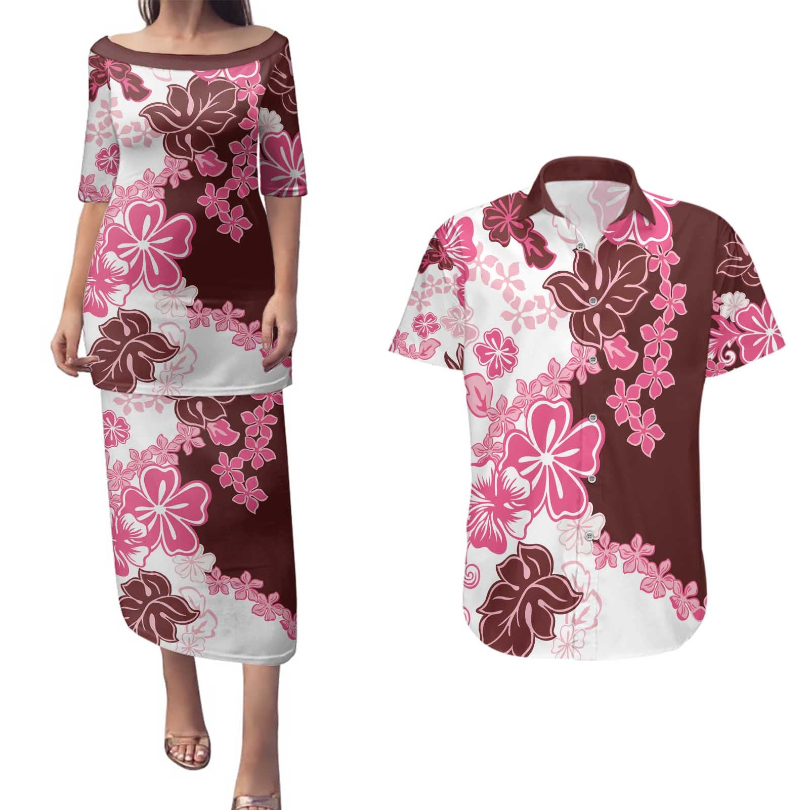 Pink Hibiscus Plumeria Floral Couples Matching Puletasi and Hawaiian Shirt - Polynesian Pride