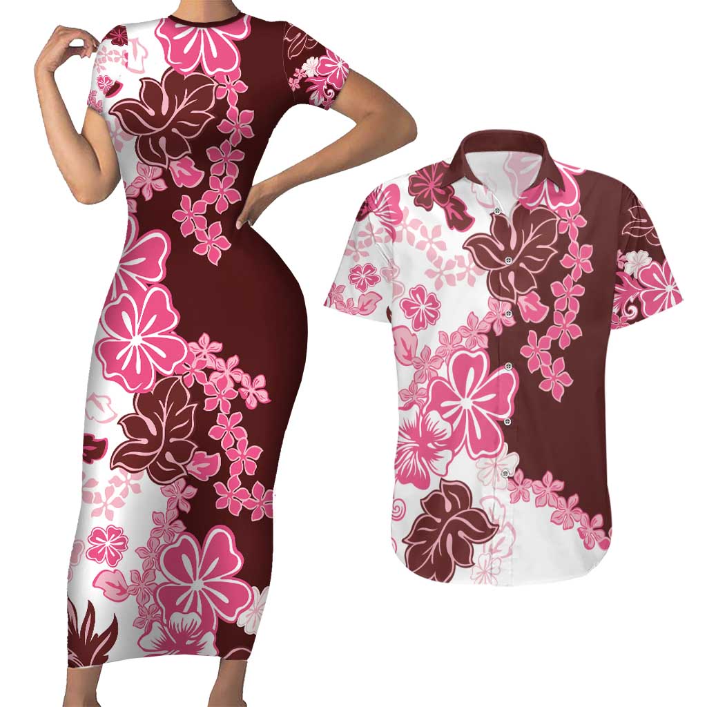 Pink Hibiscus Plumeria Floral Couples Matching Short Sleeve Bodycon Dress and Hawaiian Shirt - Polynesian Pride