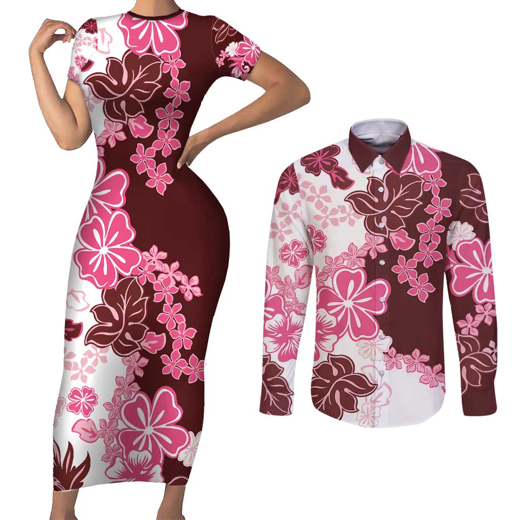 Pink Hibiscus Plumeria Floral Couples Matching Short Sleeve Bodycon Dress and Long Sleeve Button Shirt - Polynesian Pride