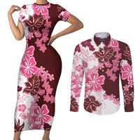 Pink Hibiscus Plumeria Floral Couples Matching Short Sleeve Bodycon Dress and Long Sleeve Button Shirt - Polynesian Pride