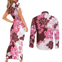 Pink Hibiscus Plumeria Floral Couples Matching Short Sleeve Bodycon Dress and Long Sleeve Button Shirt - Polynesian Pride
