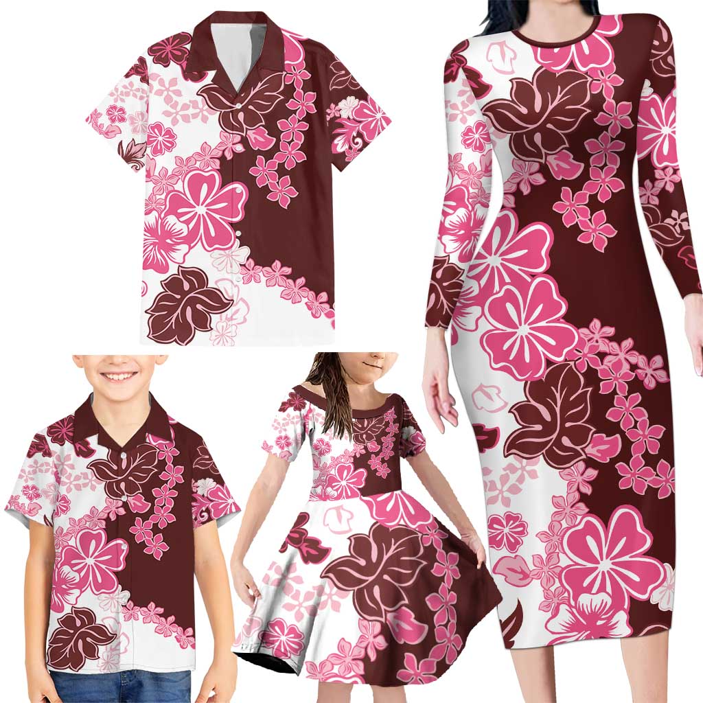 Pink Hibiscus Plumeria Floral Family Matching Long Sleeve Bodycon Dress and Hawaiian Shirt - Polynesian Pride