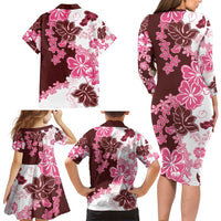 Pink Hibiscus Plumeria Floral Family Matching Long Sleeve Bodycon Dress and Hawaiian Shirt LT01 - Polynesian Pride