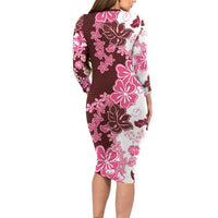 Pink Hibiscus Plumeria Floral Family Matching Long Sleeve Bodycon Dress and Hawaiian Shirt LT01 - Polynesian Pride