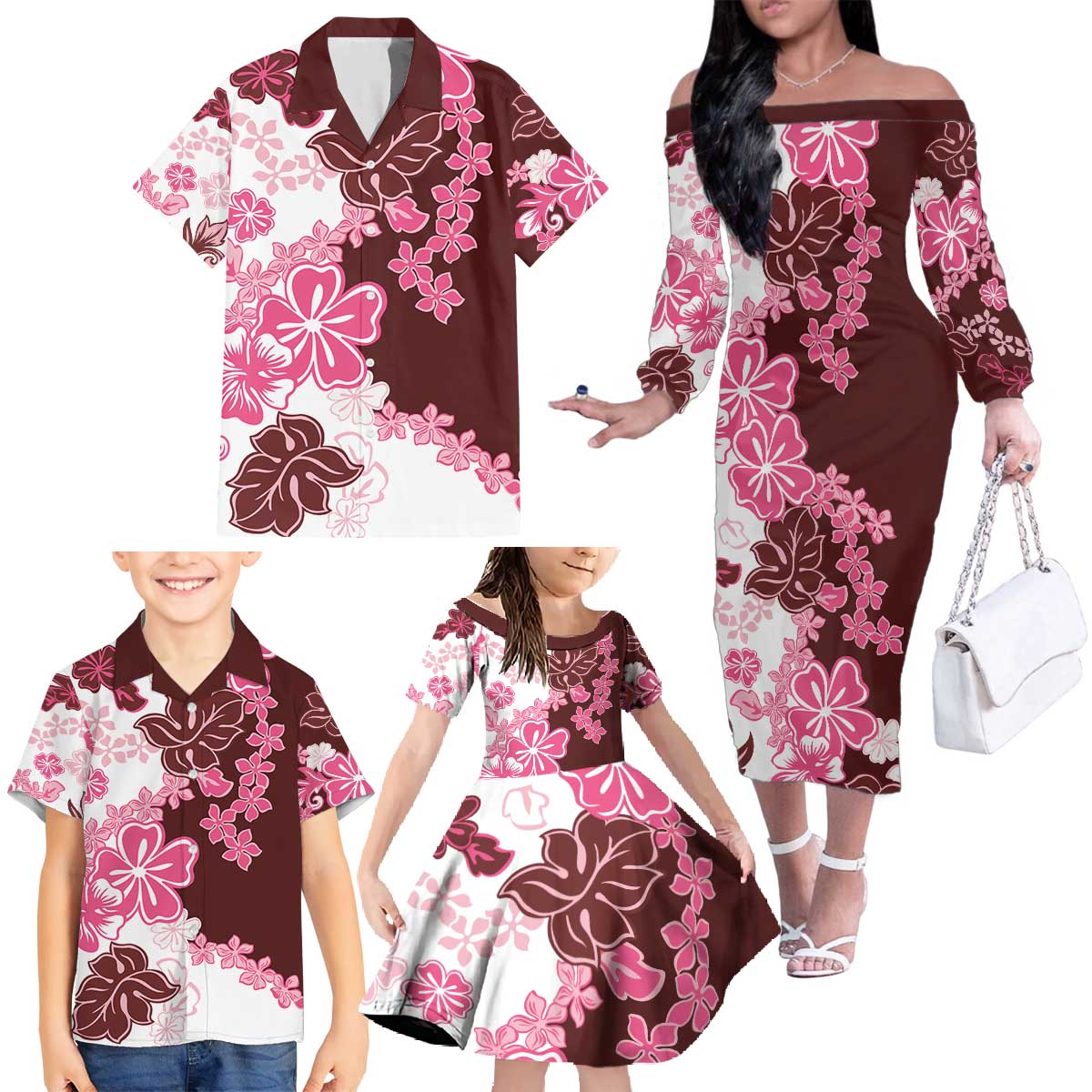 Pink Hibiscus Plumeria Floral Family Matching Off The Shoulder Long Sleeve Dress and Hawaiian Shirt - Polynesian Pride