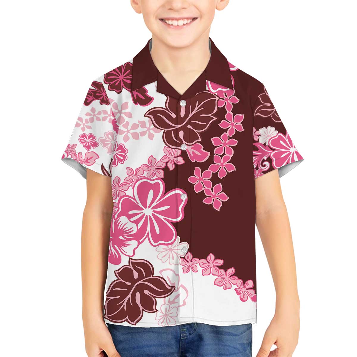 Pink Hibiscus Plumeria Floral Family Matching Off The Shoulder Long Sleeve Dress and Hawaiian Shirt - Polynesian Pride