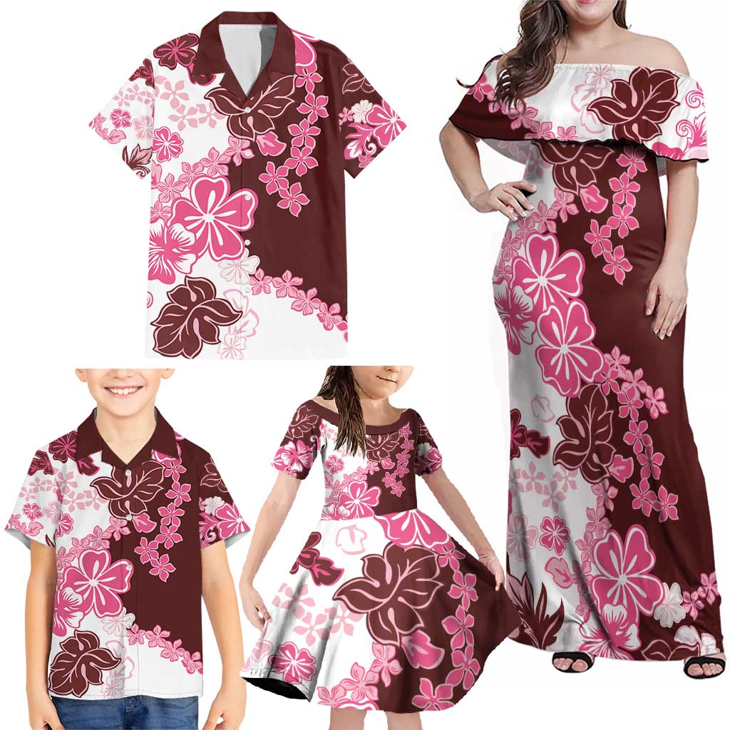 Pink Hibiscus Plumeria Floral Family Matching Off Shoulder Maxi Dress and Hawaiian Shirt LT01 - Polynesian Pride