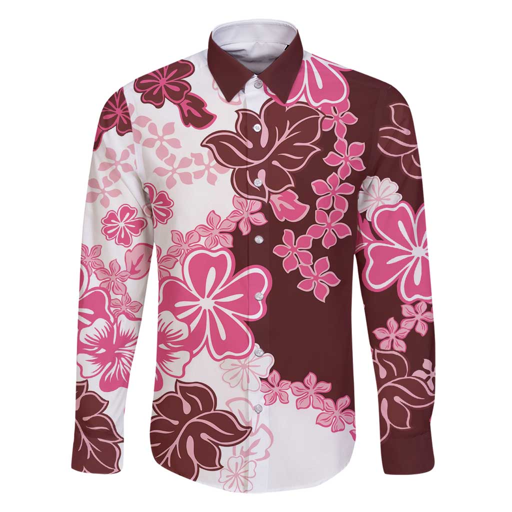 Pink Hibiscus Plumeria Floral Family Matching Off Shoulder Maxi Dress and Hawaiian Shirt LT01 Dad's Shirt - Long Sleeve Pink - Polynesian Pride