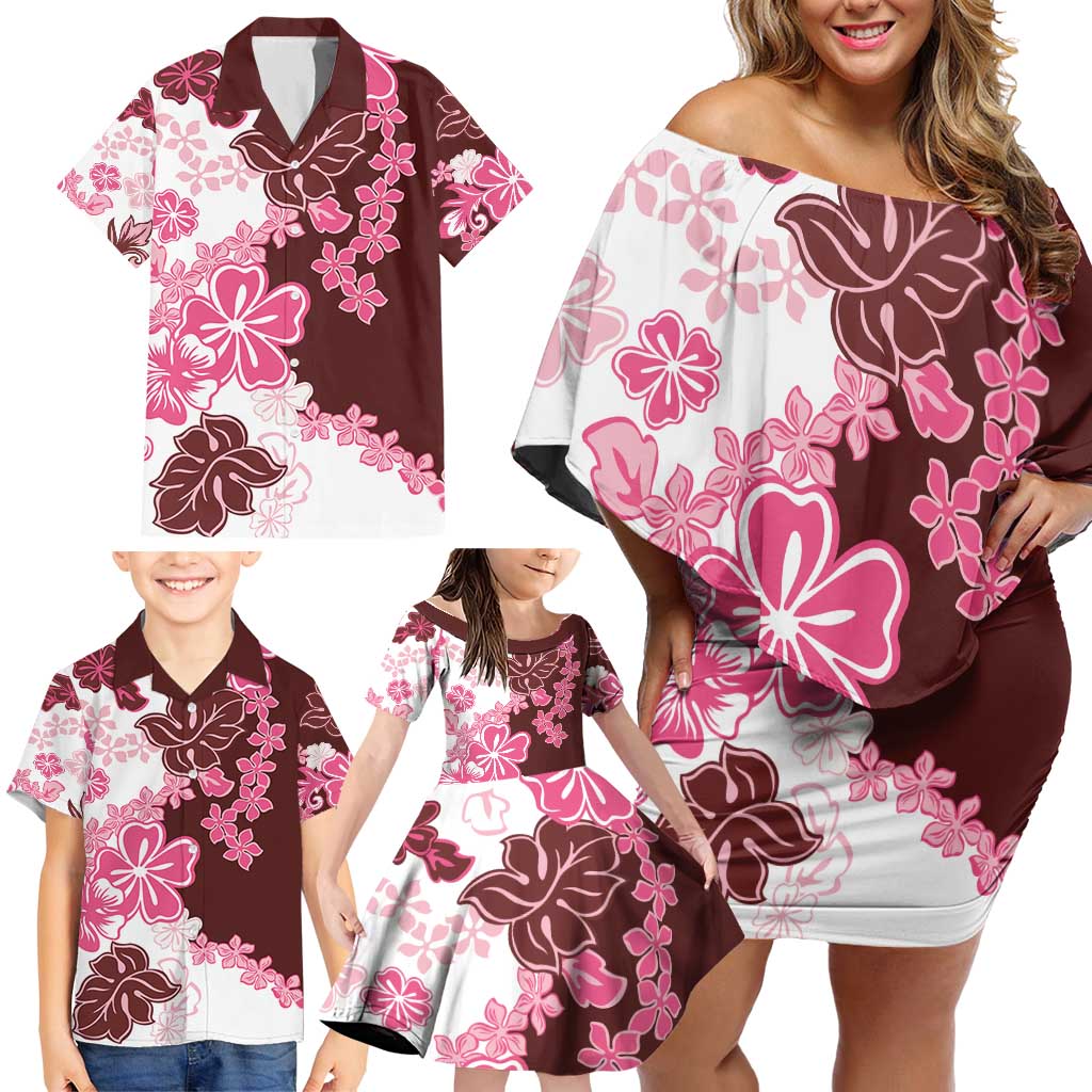 Pink Hibiscus Plumeria Floral Family Matching Off Shoulder Short Dress and Hawaiian Shirt - Polynesian Pride