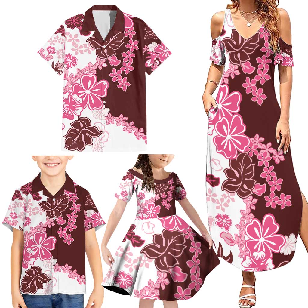 Pink Hibiscus Plumeria Floral Family Matching Summer Maxi Dress and Hawaiian Shirt - Polynesian Pride