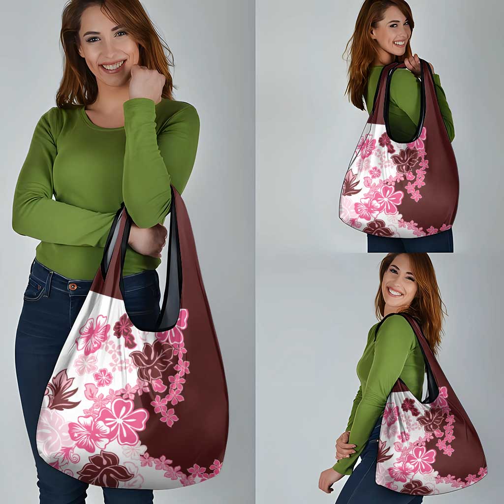 Pink Hibiscus Plumeria Floral Grocery Bag - Polynesian Pride