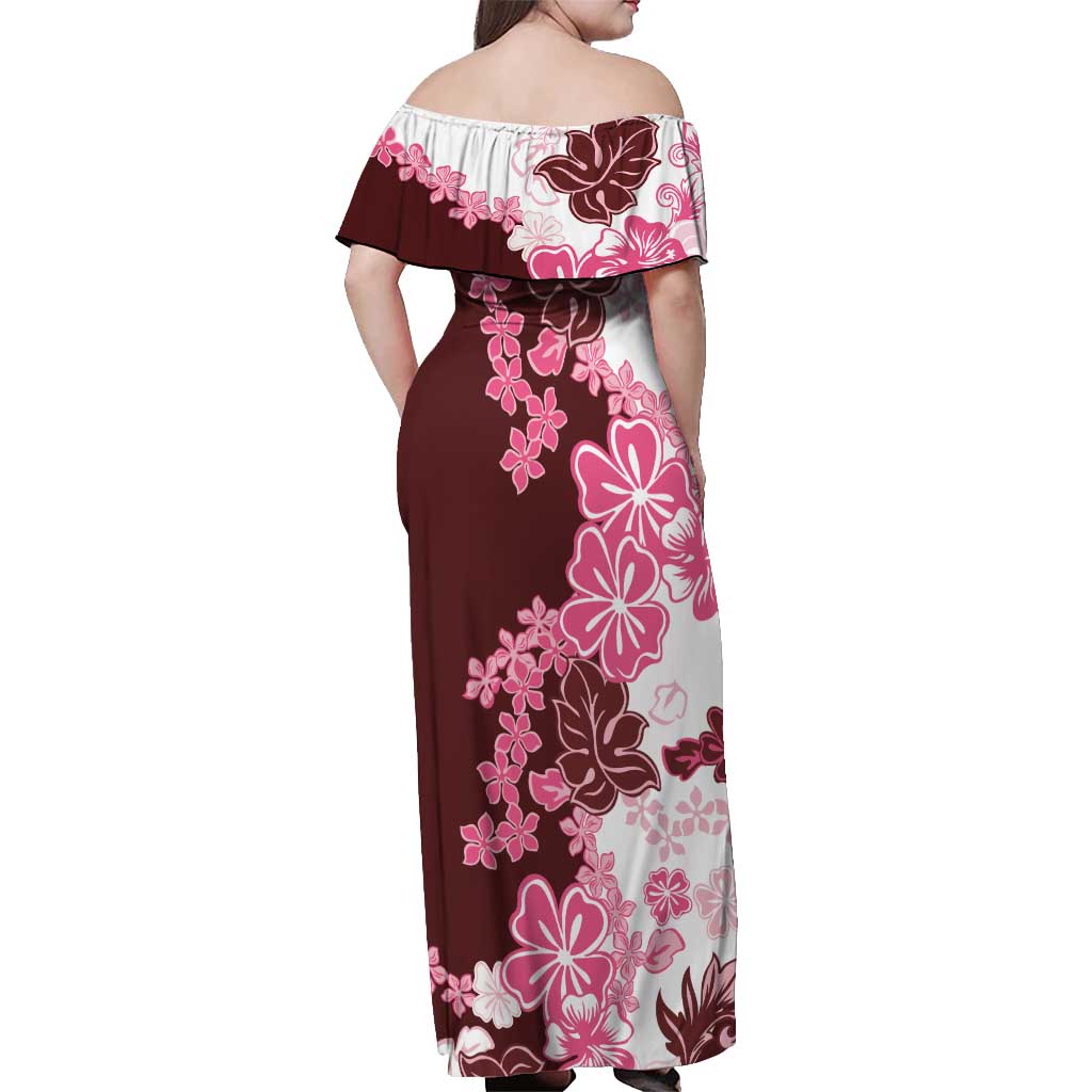 Pink Hibiscus Plumeria Floral Off Shoulder Maxi Dress - Polynesian Pride