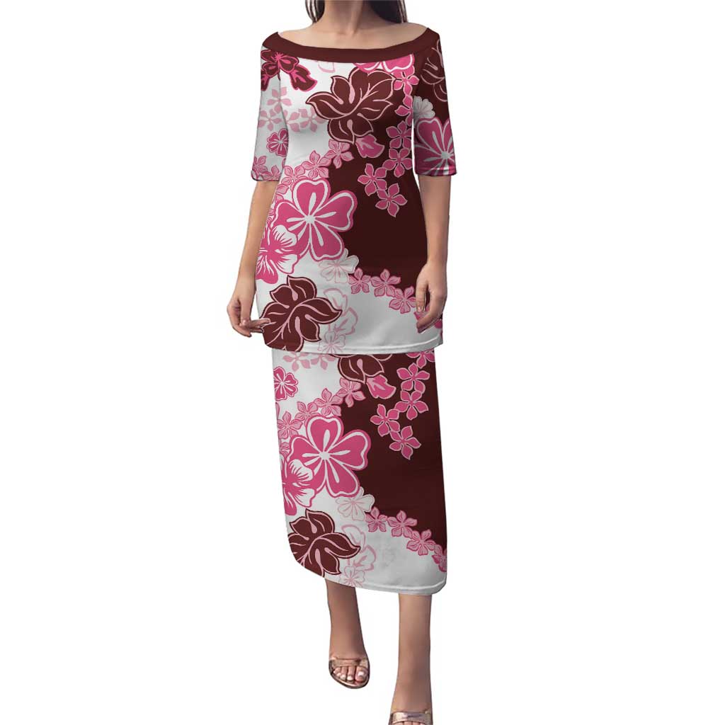 Pink Hibiscus Plumeria Floral Puletasi LT01 Long Dress Pink - Polynesian Pride