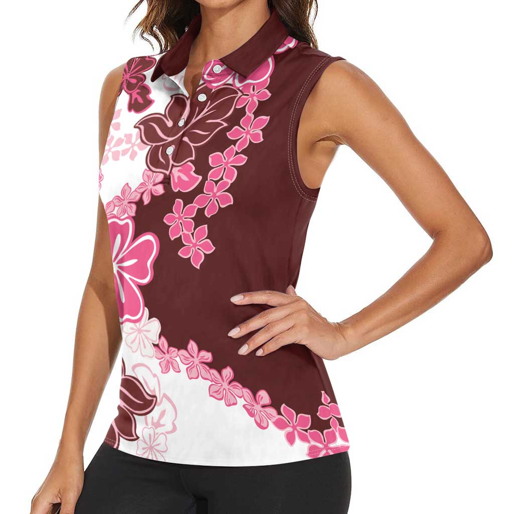 Pink Hibiscus Plumeria Floral Women Sleeveless Polo Shirt - Polynesian Pride
