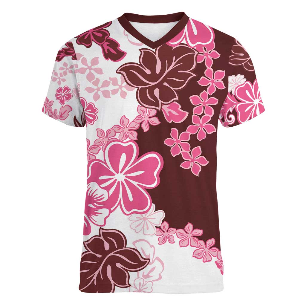 Pink Hibiscus Plumeria Floral Women V-Neck T-Shirt - Polynesian Pride