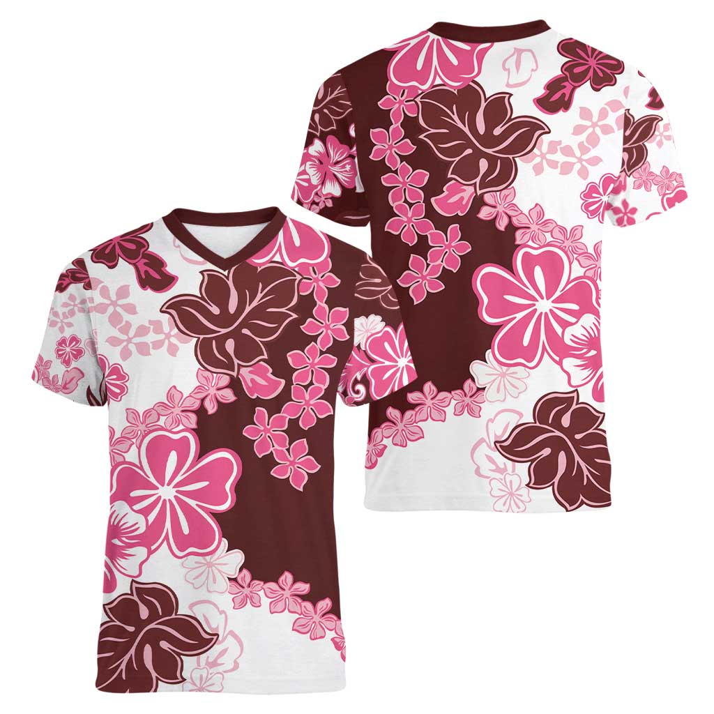 Pink Hibiscus Plumeria Floral Women V-Neck T-Shirt - Polynesian Pride