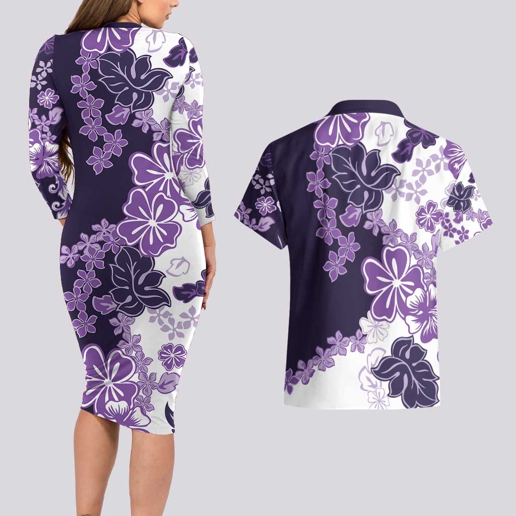 Purple Hibiscus Plumeria Floral Couples Matching Long Sleeve Bodycon Dress and Hawaiian Shirt - Polynesian Pride