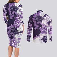 Purple Hibiscus Plumeria Floral Couples Matching Long Sleeve Bodycon Dress and Long Sleeve Button Shirt - Polynesian Pride