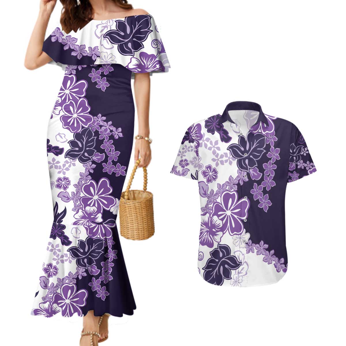 Purple Hibiscus Plumeria Floral Couples Matching Mermaid Dress and Hawaiian Shirt - Polynesian Pride