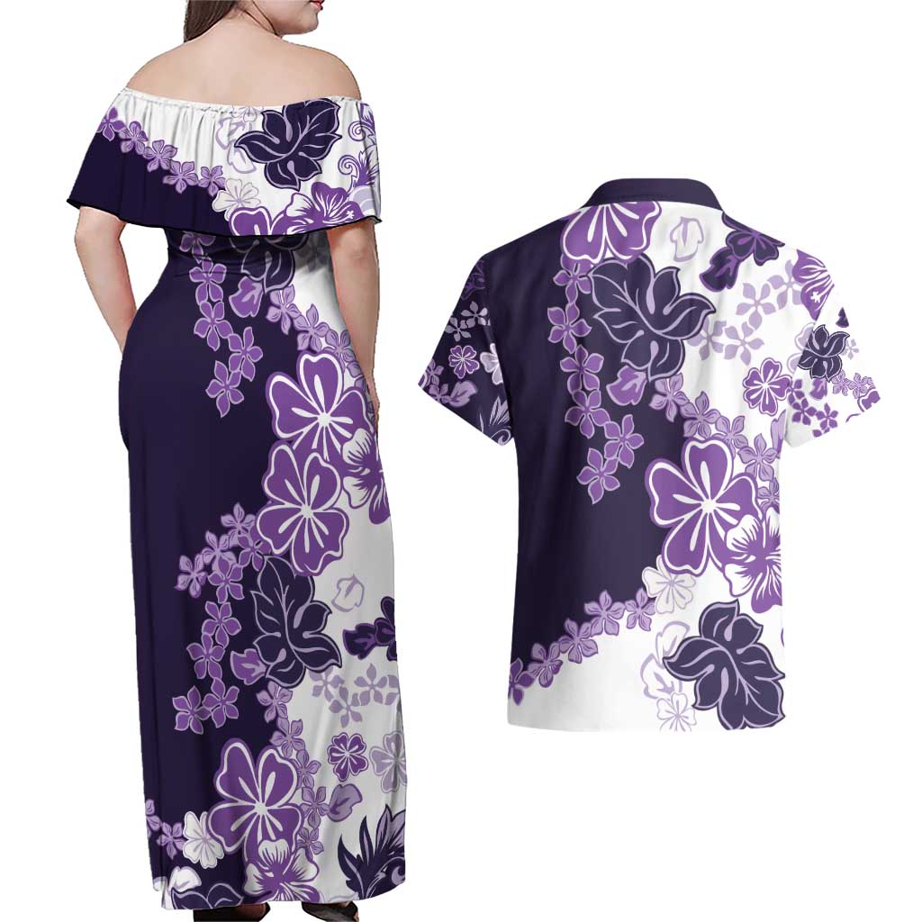 Purple Hibiscus Plumeria Floral Couples Matching Off Shoulder Maxi Dress and Hawaiian Shirt - Polynesian Pride