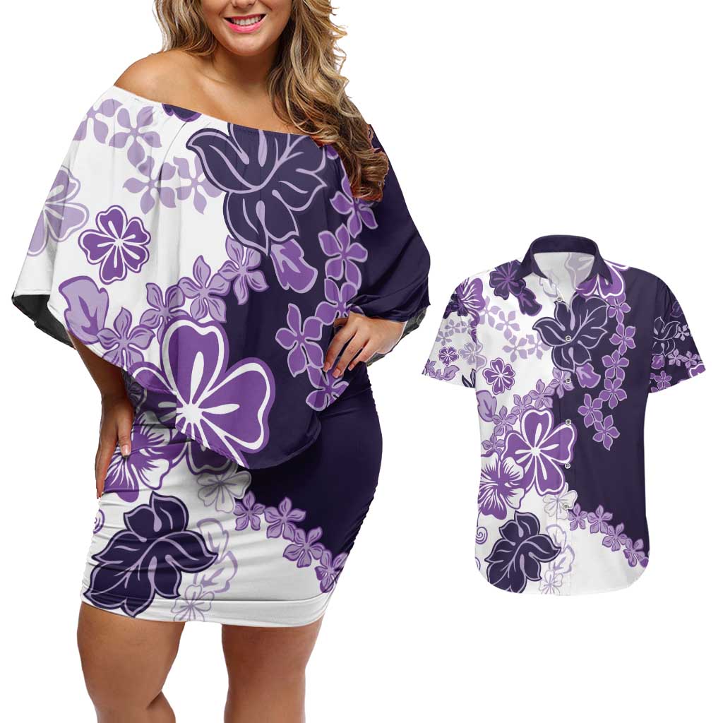 Purple Hibiscus Plumeria Floral Couples Matching Off Shoulder Short Dress and Hawaiian Shirt - Polynesian Pride