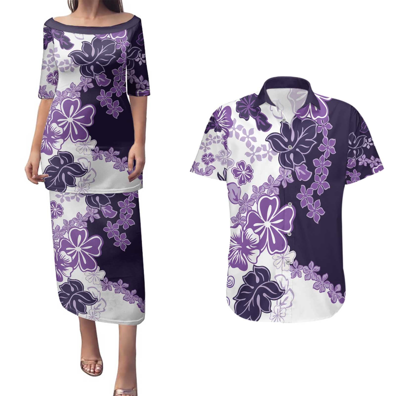 Purple Hibiscus Plumeria Floral Couples Matching Puletasi and Hawaiian Shirt - Polynesian Pride
