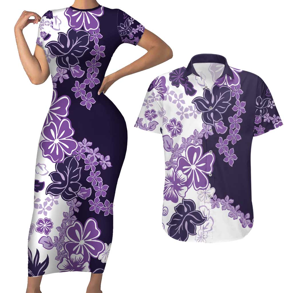 Purple Hibiscus Plumeria Floral Couples Matching Short Sleeve Bodycon Dress and Hawaiian Shirt - Polynesian Pride