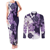Purple Hibiscus Plumeria Floral Couples Matching Tank Maxi Dress and Long Sleeve Button Shirt - Polynesian Pride