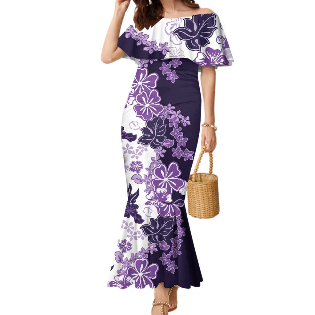 Purple Hibiscus Plumeria Floral Family Matching Mermaid Dress and Hawaiian Shirt LT01 Mom's Dress Purple - Polynesian Pride