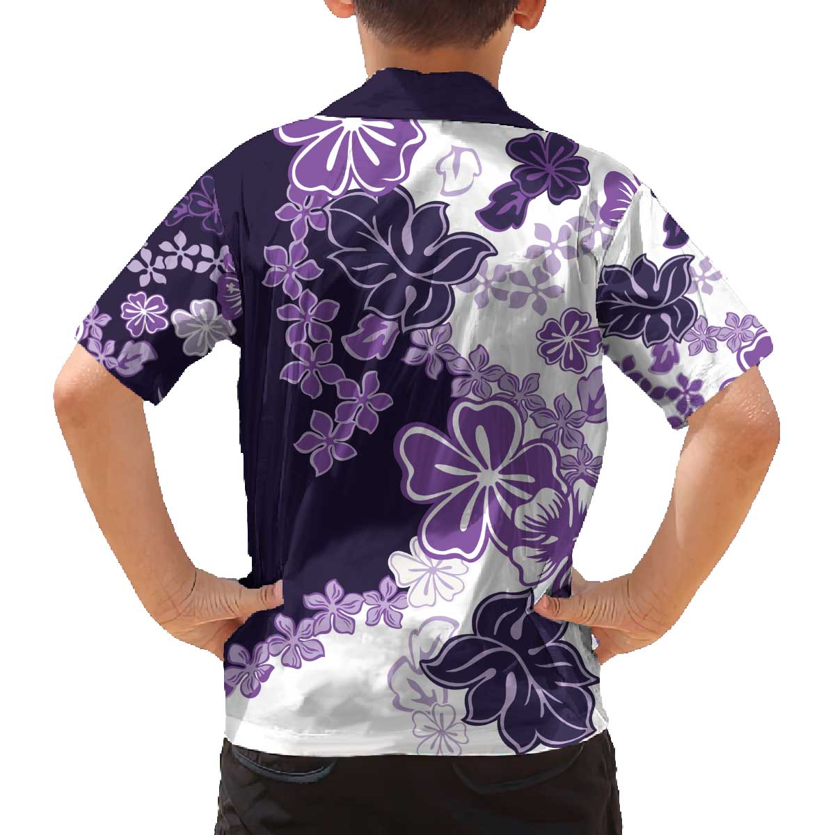 Purple Hibiscus Plumeria Floral Family Matching Off The Shoulder Long Sleeve Dress and Hawaiian Shirt - Polynesian Pride