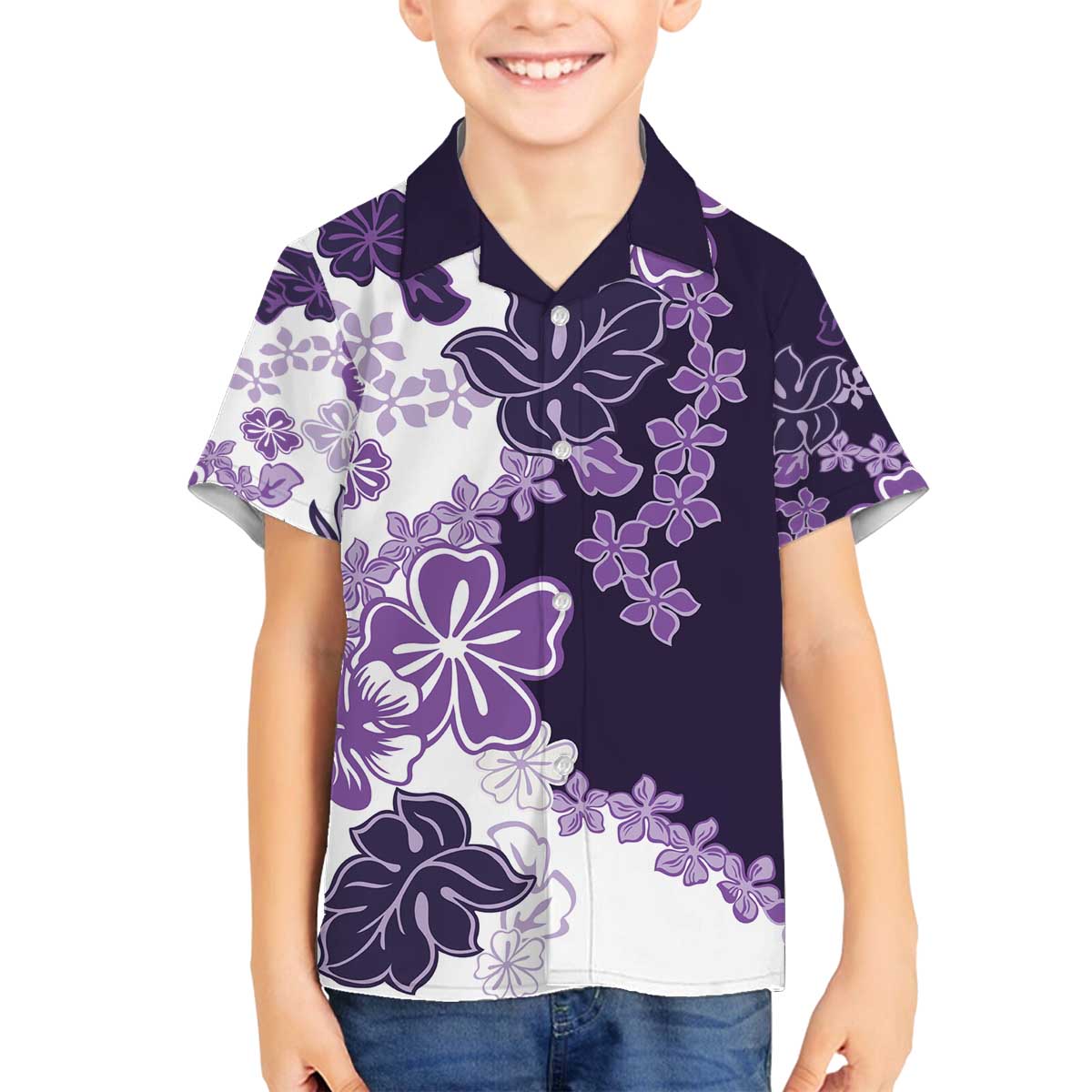 Purple Hibiscus Plumeria Floral Family Matching Off The Shoulder Long Sleeve Dress and Hawaiian Shirt - Polynesian Pride