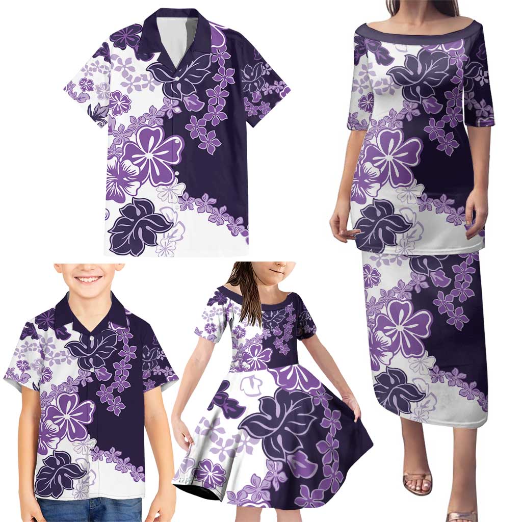 Purple Hibiscus Plumeria Floral Family Matching Puletasi and Hawaiian Shirt - Polynesian Pride