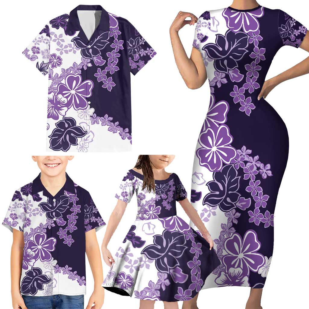 Purple Hibiscus Plumeria Floral Family Matching Short Sleeve Bodycon Dress and Hawaiian Shirt - Polynesian Pride