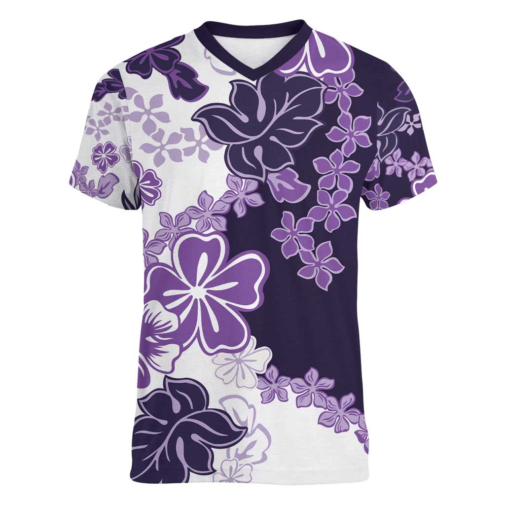 Purple Hibiscus Plumeria Floral Women V-Neck T-Shirt - Polynesian Pride