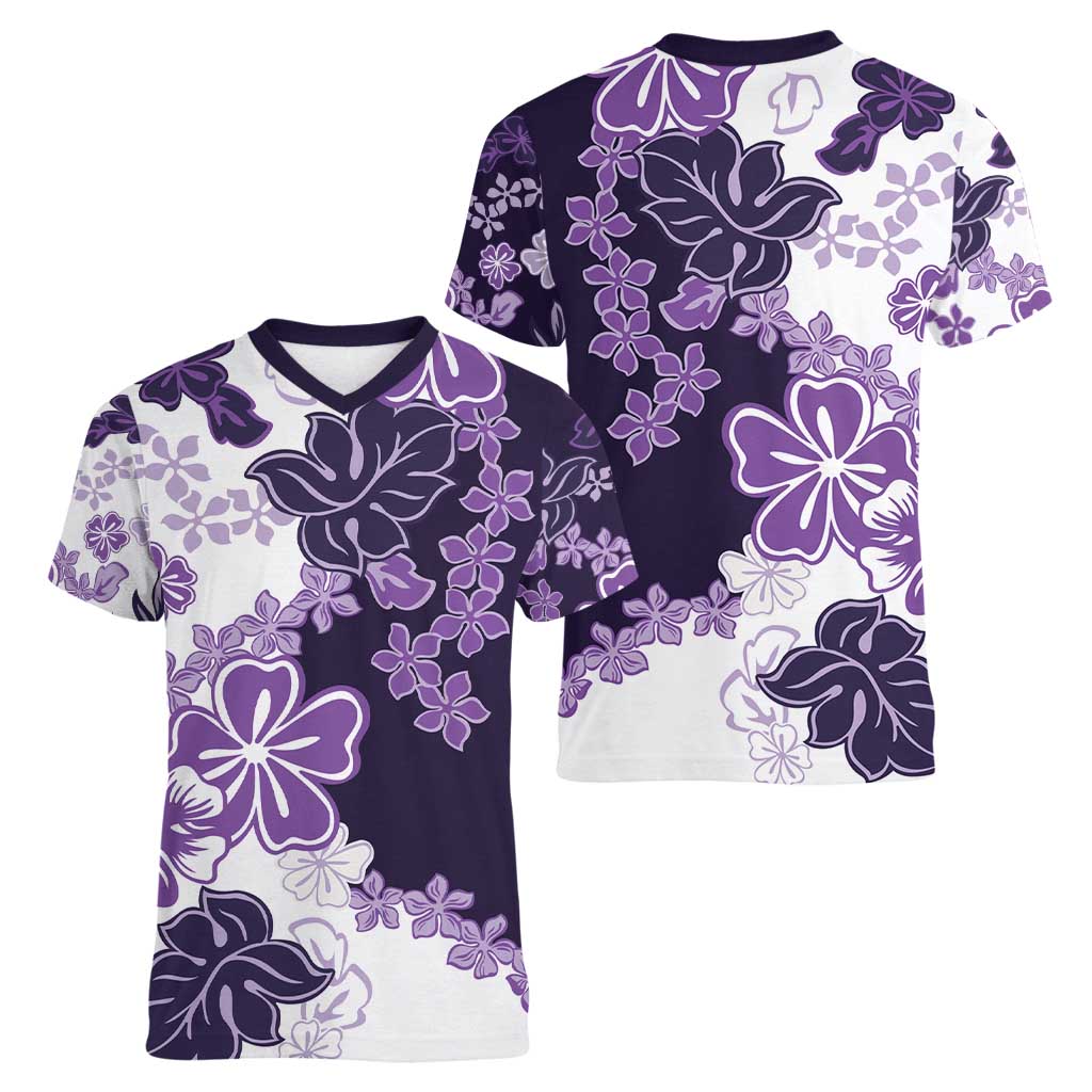 Purple Hibiscus Plumeria Floral Women V-Neck T-Shirt - Polynesian Pride