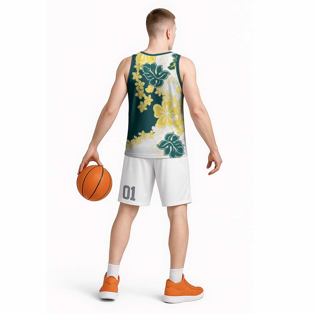 Yelow Teal Hibiscus Plumeria Floral Basketball Jersey - Polynesian Pride