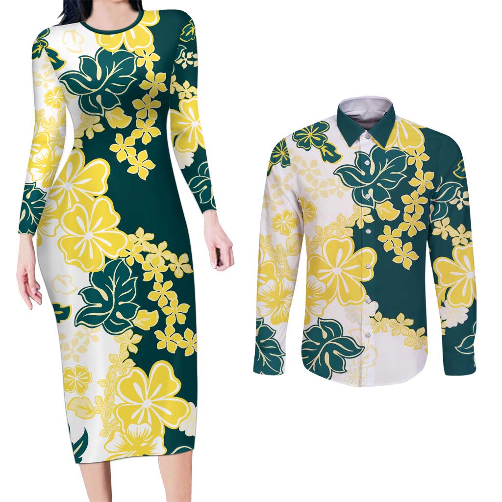 Yelow Teal Hibiscus Plumeria Floral Couples Matching Long Sleeve Bodycon Dress and Long Sleeve Button Shirt - Polynesian Pride