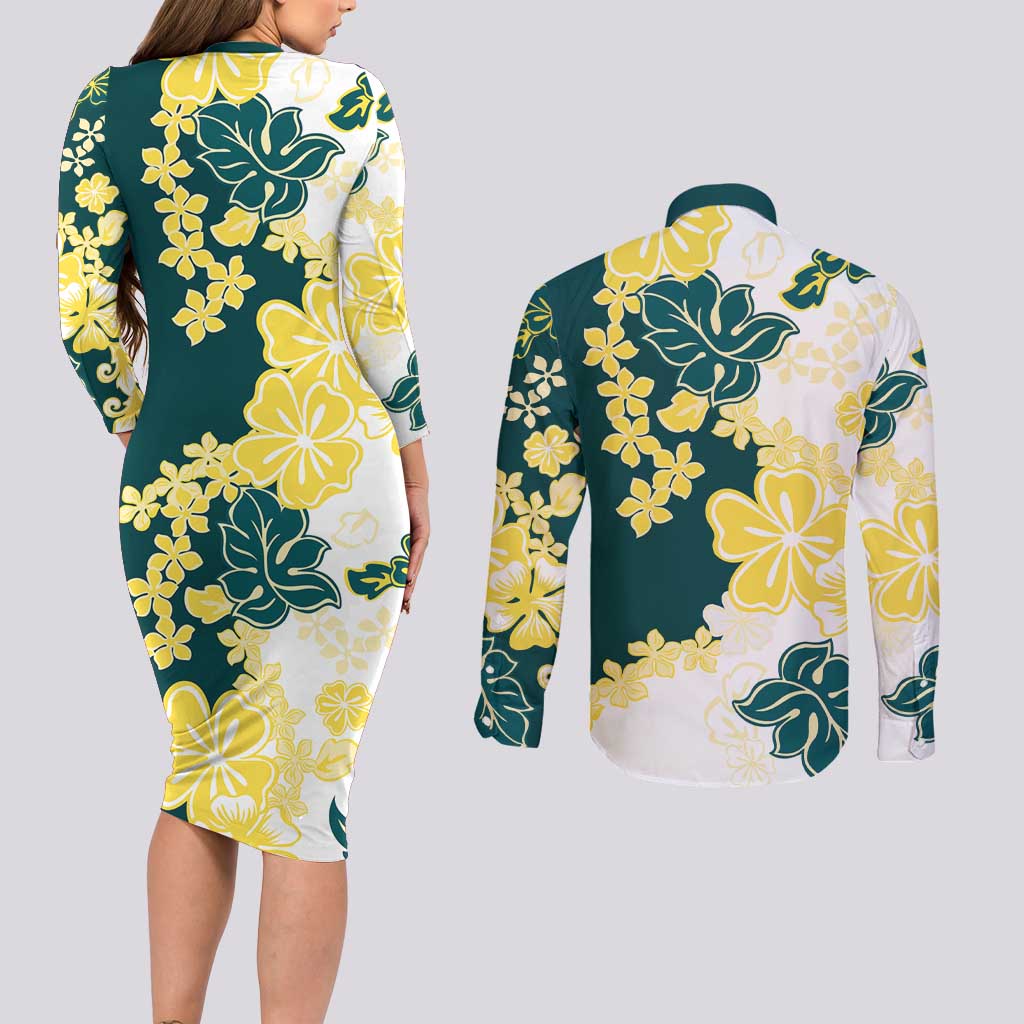 Yelow Teal Hibiscus Plumeria Floral Couples Matching Long Sleeve Bodycon Dress and Long Sleeve Button Shirt - Polynesian Pride