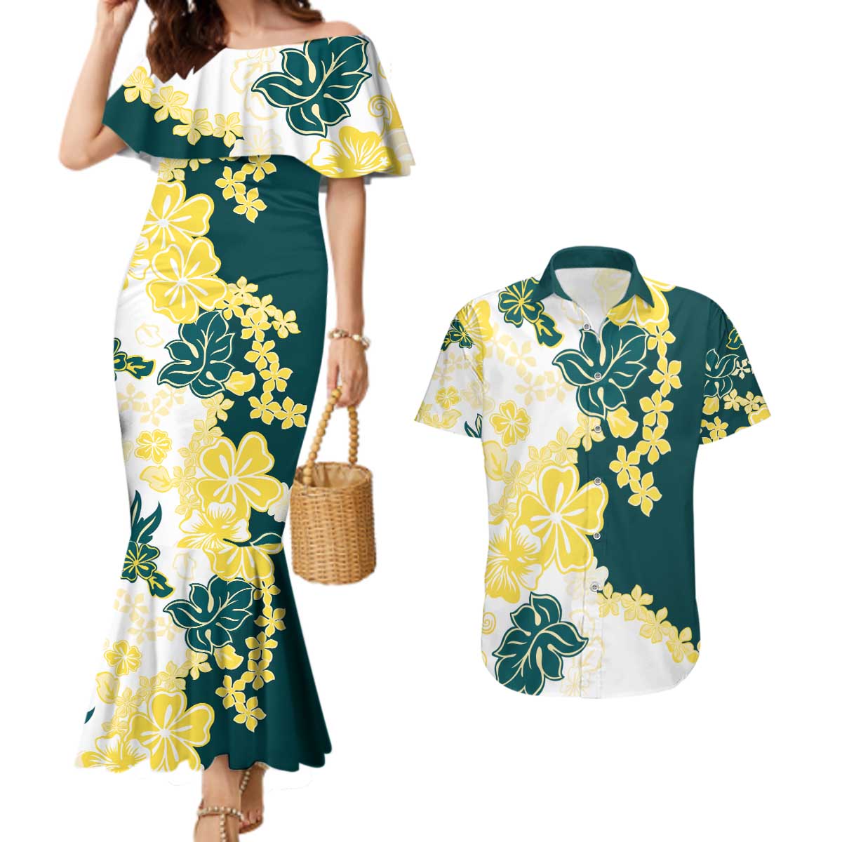 Yelow Teal Hibiscus Plumeria Floral Couples Matching Mermaid Dress and Hawaiian Shirt - Polynesian Pride