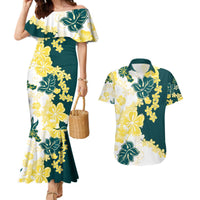 Yelow Teal Hibiscus Plumeria Floral Couples Matching Mermaid Dress and Hawaiian Shirt - Polynesian Pride