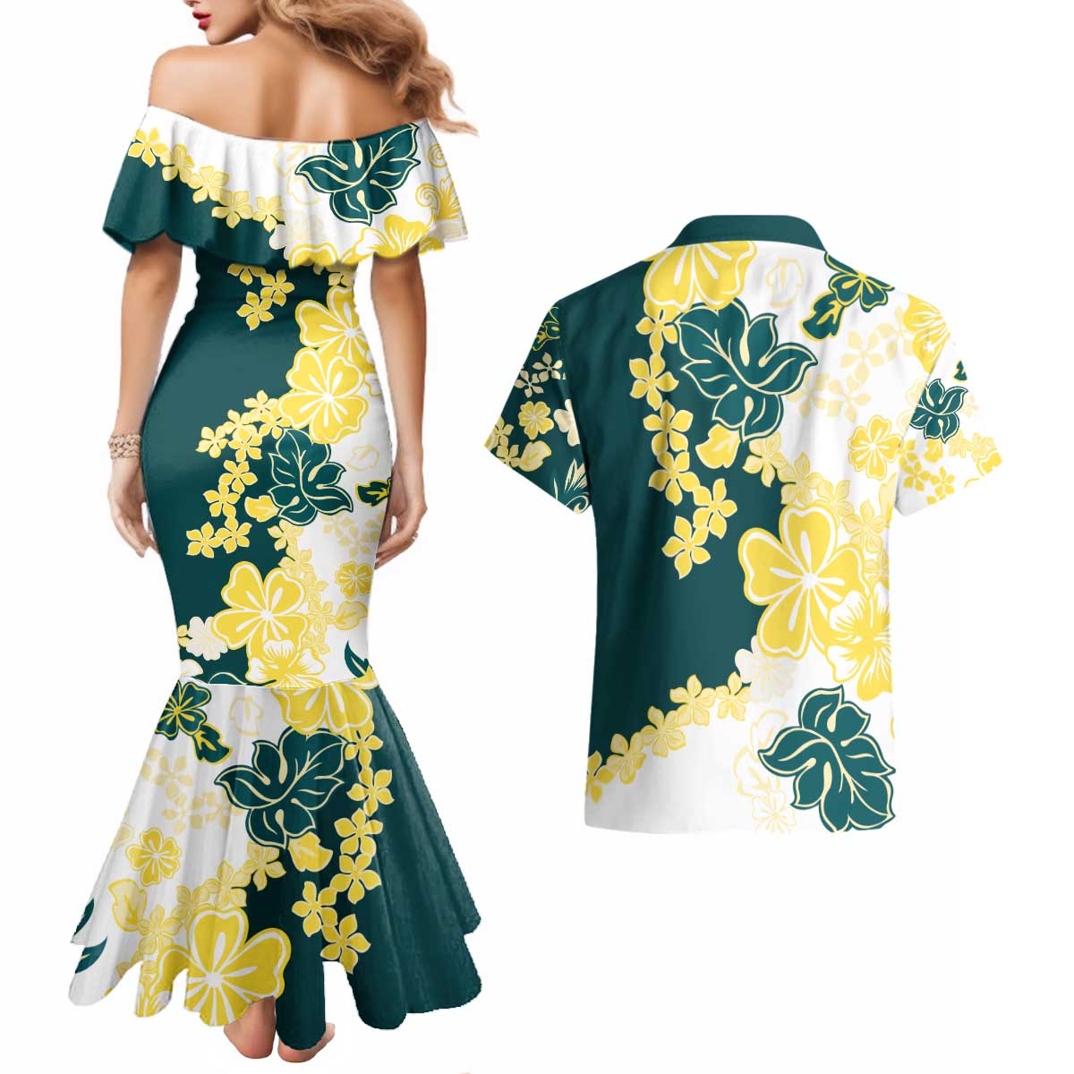 Yelow Teal Hibiscus Plumeria Floral Couples Matching Mermaid Dress and Hawaiian Shirt - Polynesian Pride