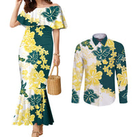 Yelow Teal Hibiscus Plumeria Floral Couples Matching Mermaid Dress and Long Sleeve Button Shirt - Polynesian Pride