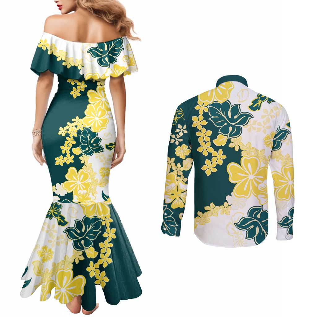 Yelow Teal Hibiscus Plumeria Floral Couples Matching Mermaid Dress and Long Sleeve Button Shirt - Polynesian Pride