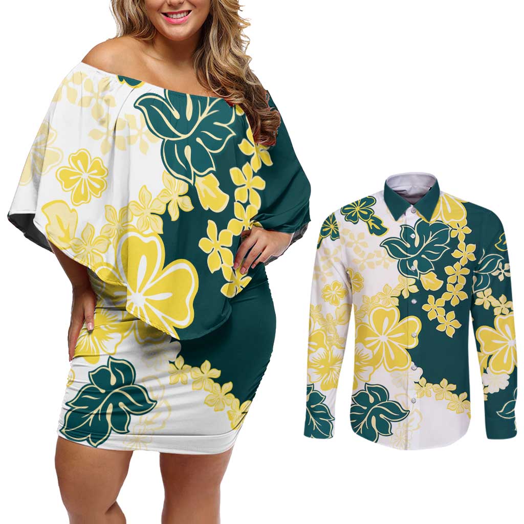 Yelow Teal Hibiscus Plumeria Floral Couples Matching Off Shoulder Short Dress and Long Sleeve Button Shirt - Polynesian Pride